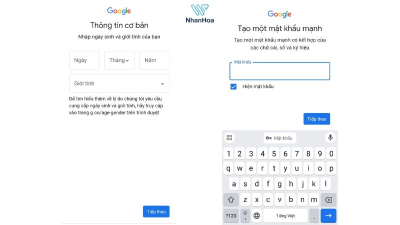 Đăng ký gmail bằng điện thoại bước 2